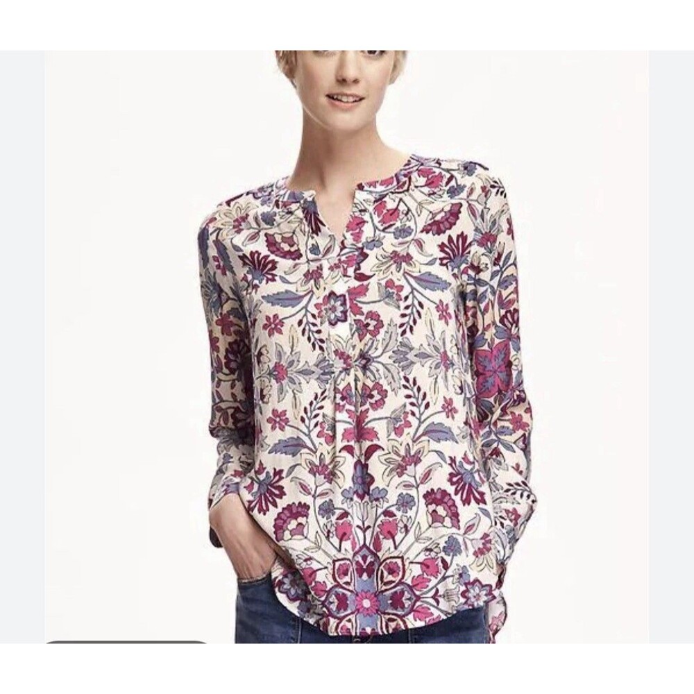 Old Navy Women’s Blouse White Purple Blue Floral Button Long Sleeve Tunic S